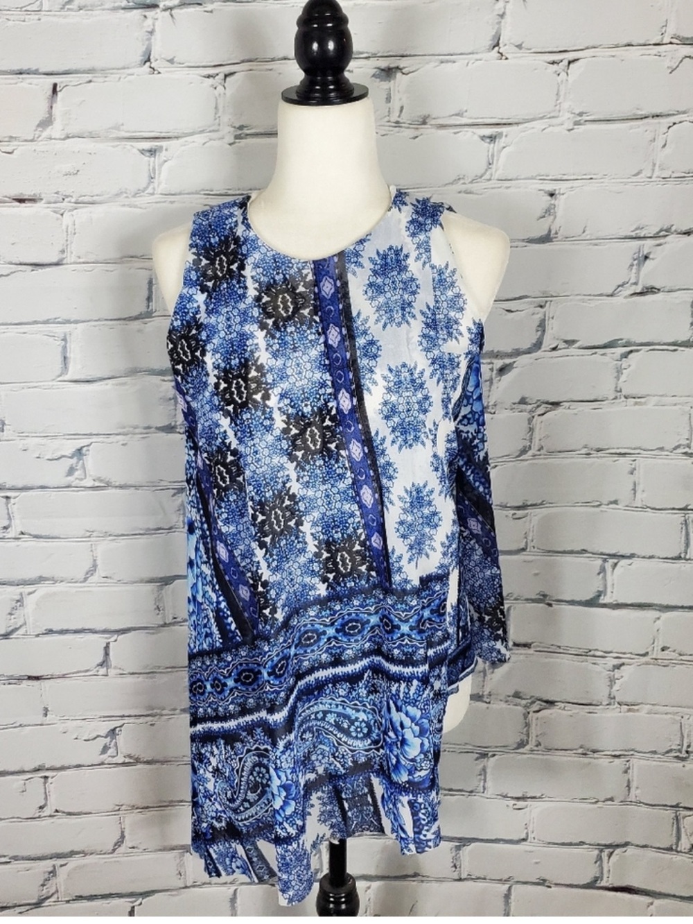 Fuzzi Blue Print Drape Top